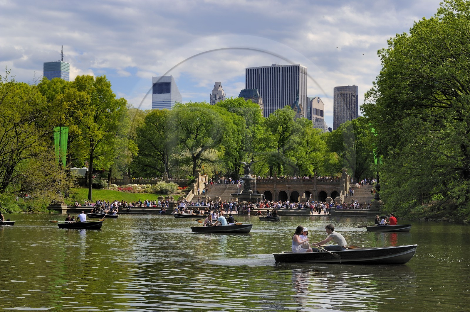 United States, New York City, Manhattan, Central Park, boat trip on the lake and the skyscrapers of Midtown