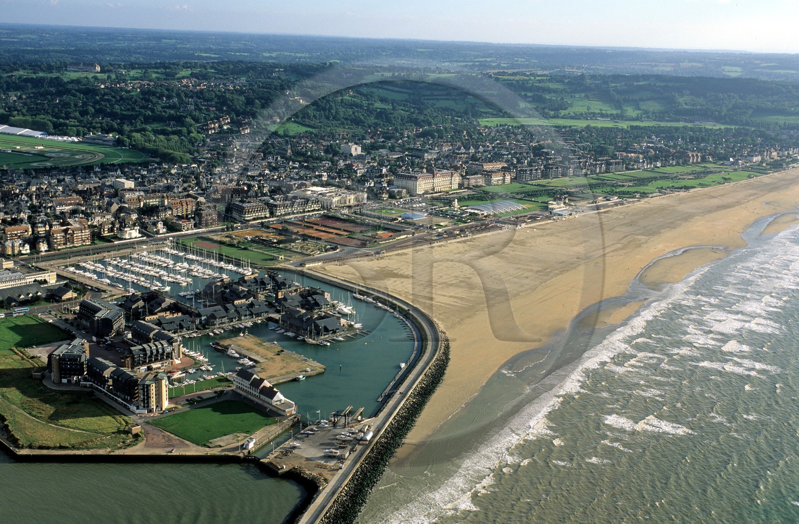 France, Calvados, Pays d'Auge, Deauville, beach (aerial view)