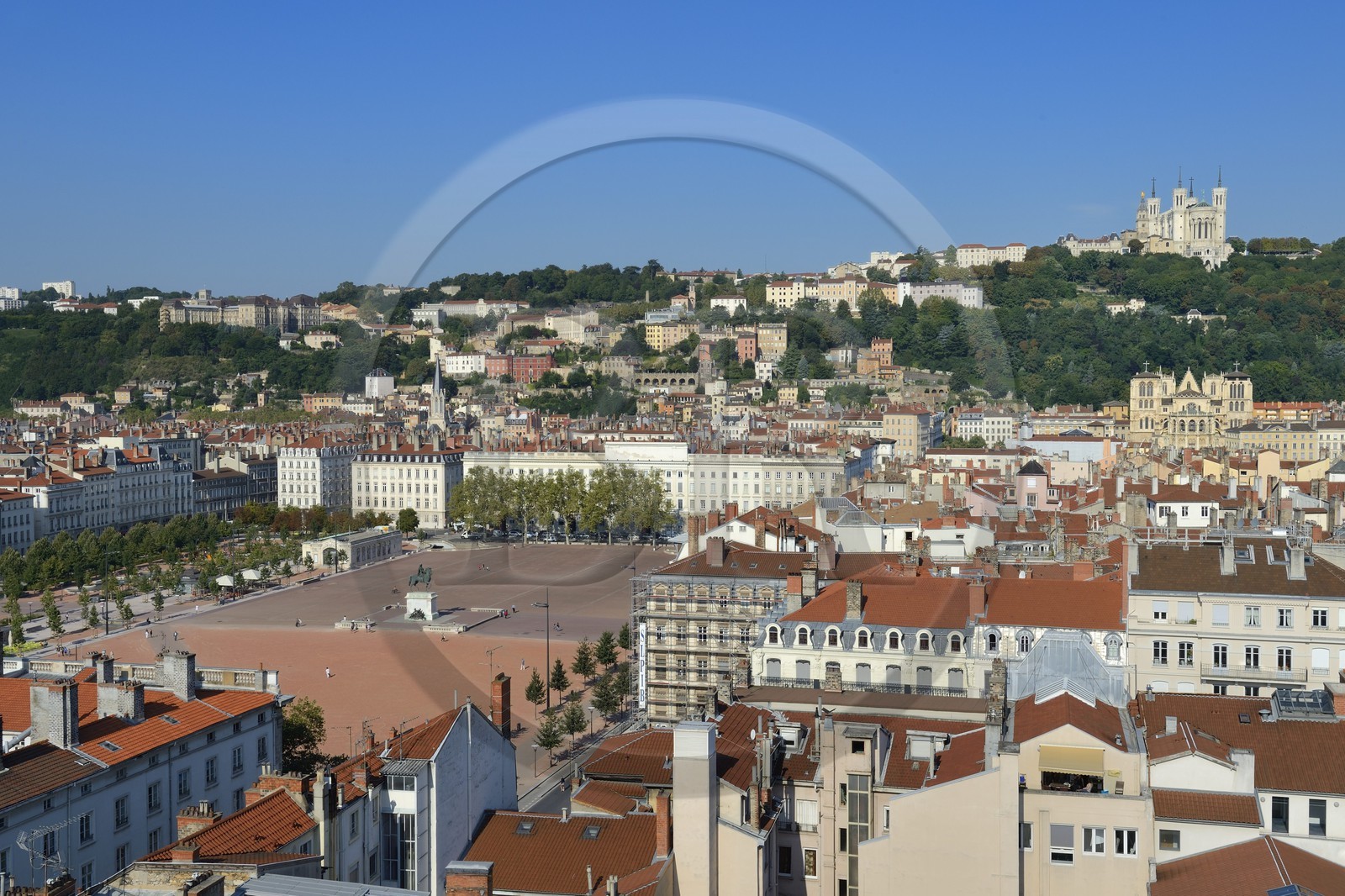 France, Rhone, Lyon, historical site listed as World Heritage by UNESCO, la place Bellecour in the district of La Presqu'Ile overlooked by Notre Dame de Fourviere basilica