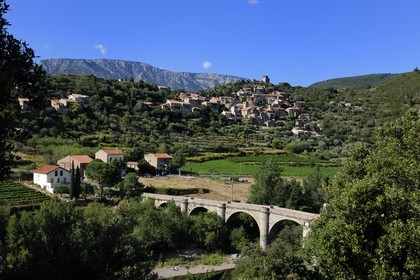 France, Hérault (34), vallée de l' Orb, village de Vieussan au lointain et vignoble AOC Saint-Chinian & Roquebrun