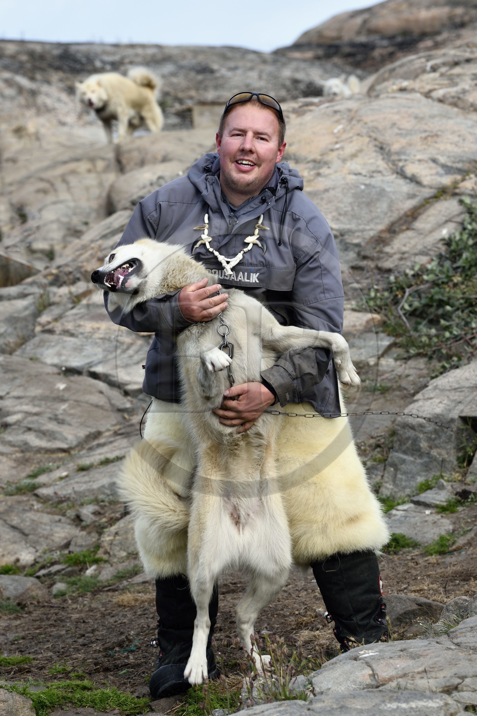Groenland, cote ouest, Uummannaq, l'éleveur de chiens de traineau Malti Suulutsun portant un pantalon en peau d'ours