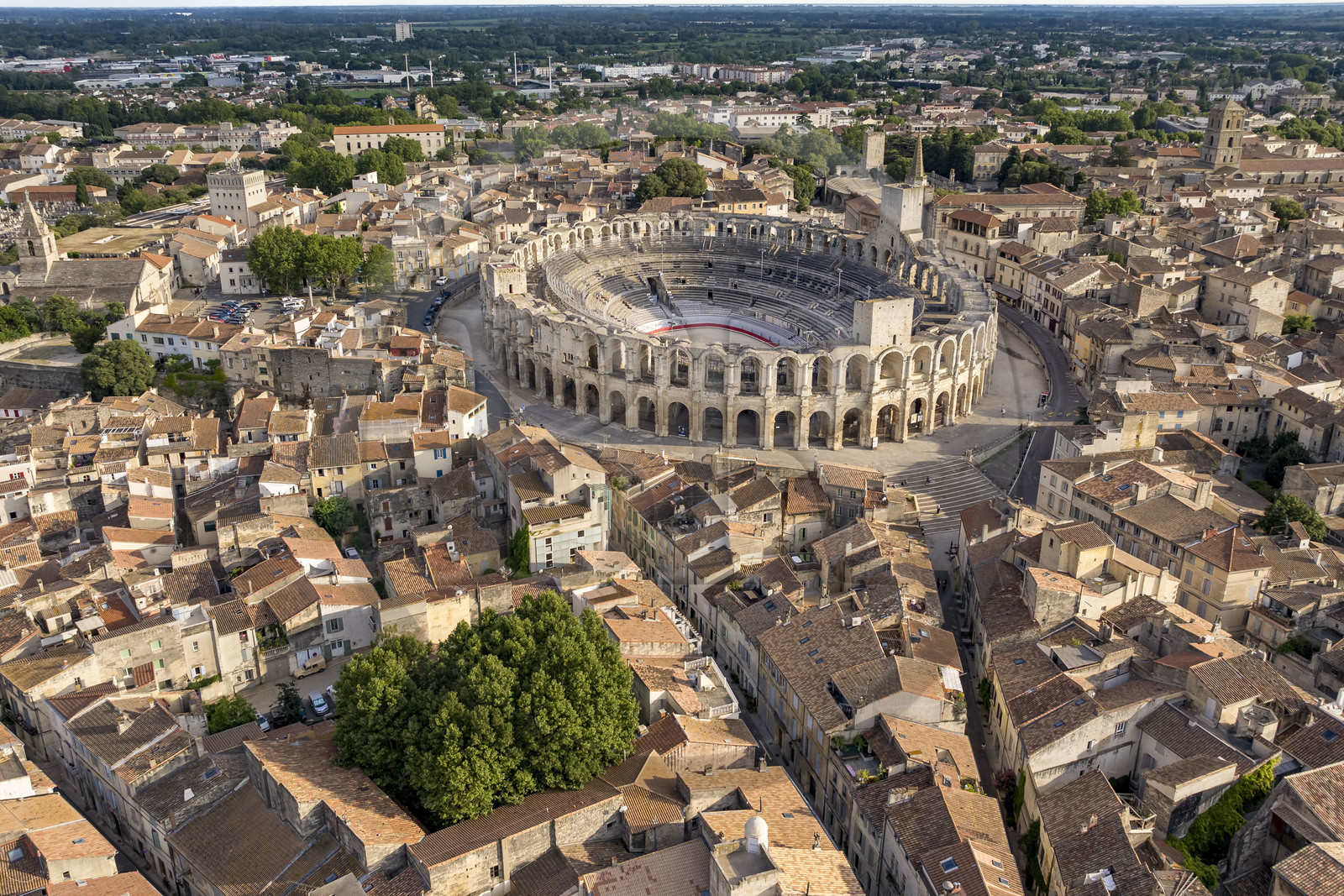 France, Bouches du Rhone, Arles, the Arena, a Roman amphitheater built around 80-90 AD, listed as World heritage by UNESCO, in the heart of the old town (aerial view)