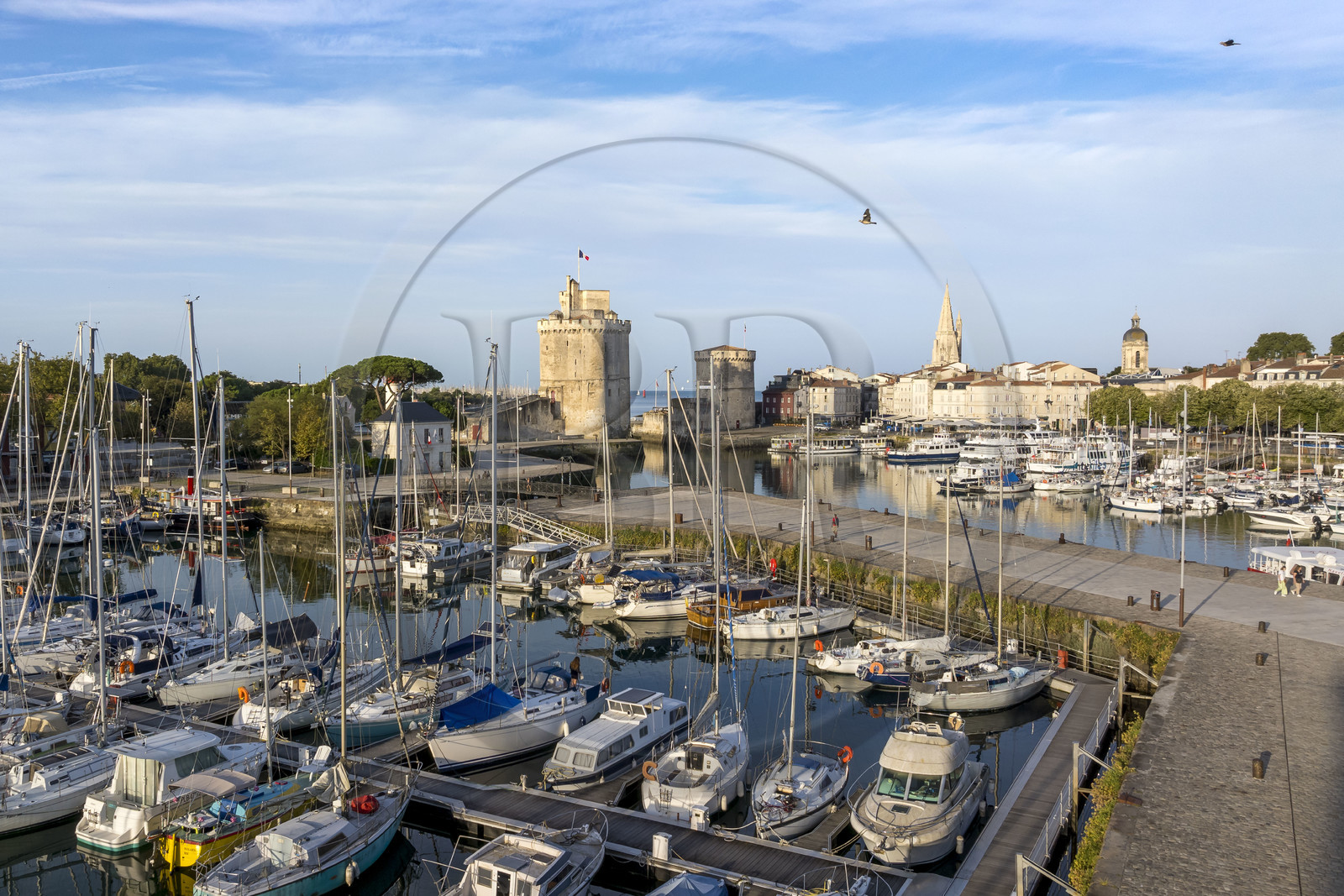 France, Charente Maritime, La Rochelle, the Old Port, Tour Saint Nicolas and Tour de la Chaine protect the entrance to the Old Port, the tour de la Lanterne in the background (aerial view)