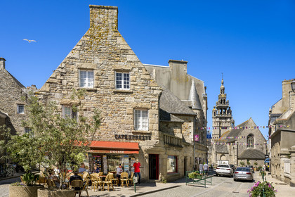 France, Finistère, Roscoff, rue Amiral Reveillere and the Notre-Dame de Croaz Batz church