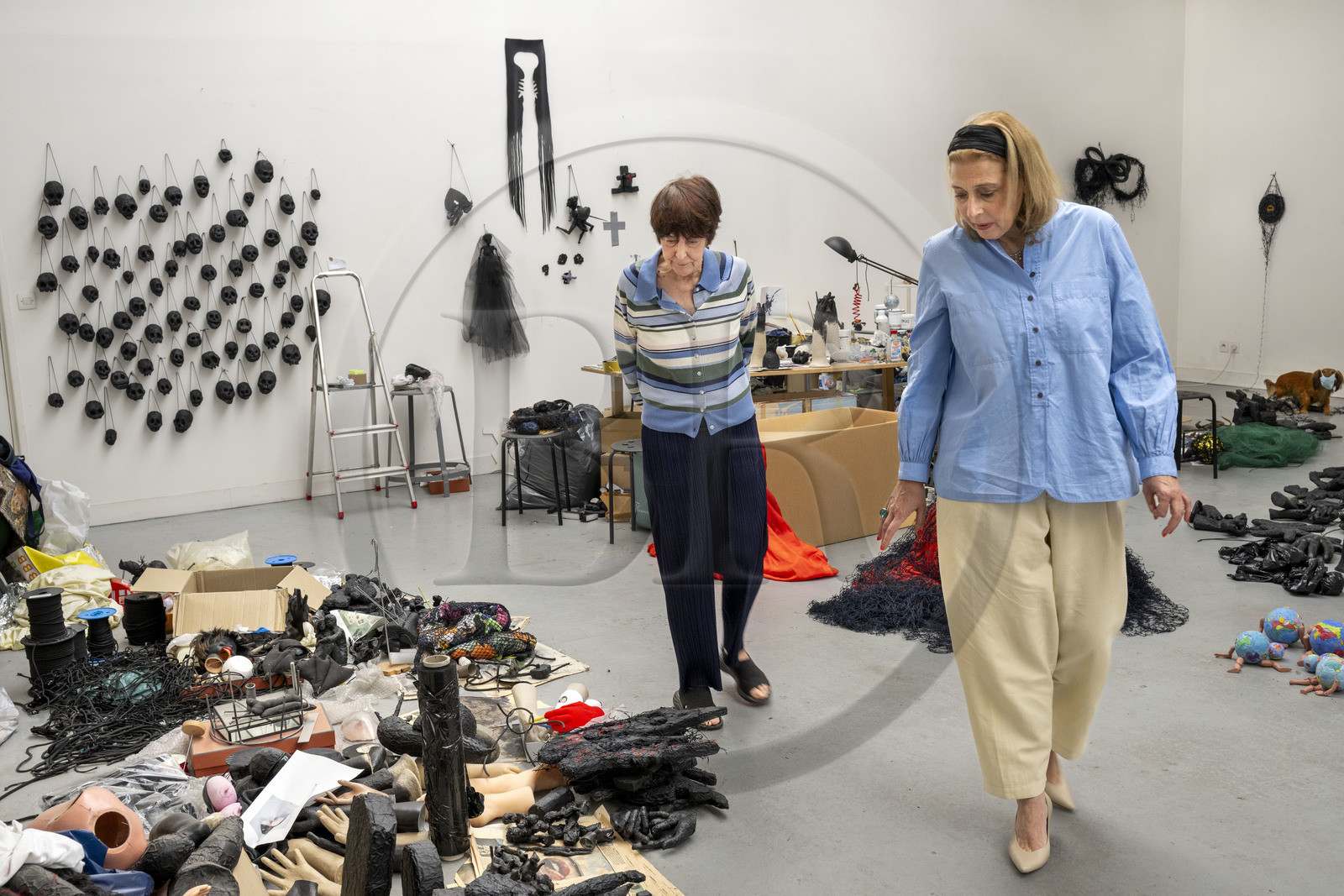 France, Hauts-de-Seine (92), Malakoff, l'artiste Annette Messager dans son atelier, visite d'atelier avec la docteur en Histoire de l'Art et journaliste Caroline Benzaria
