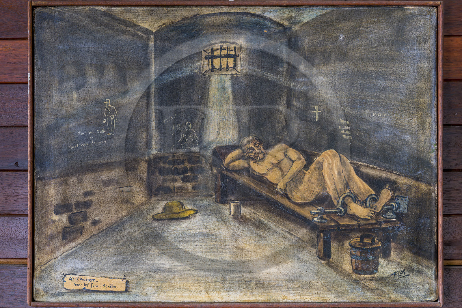 France, Guyane, Cayenne, musée départemental Alexandre-Franconie, peintures réalisées par un bagnard, Francis Lagrange dit Flag, condamné pour escroquerie et faux monnayage mais qui était aussi faussaire et artiste, elles retracent la vie (et le mort) au bagne
