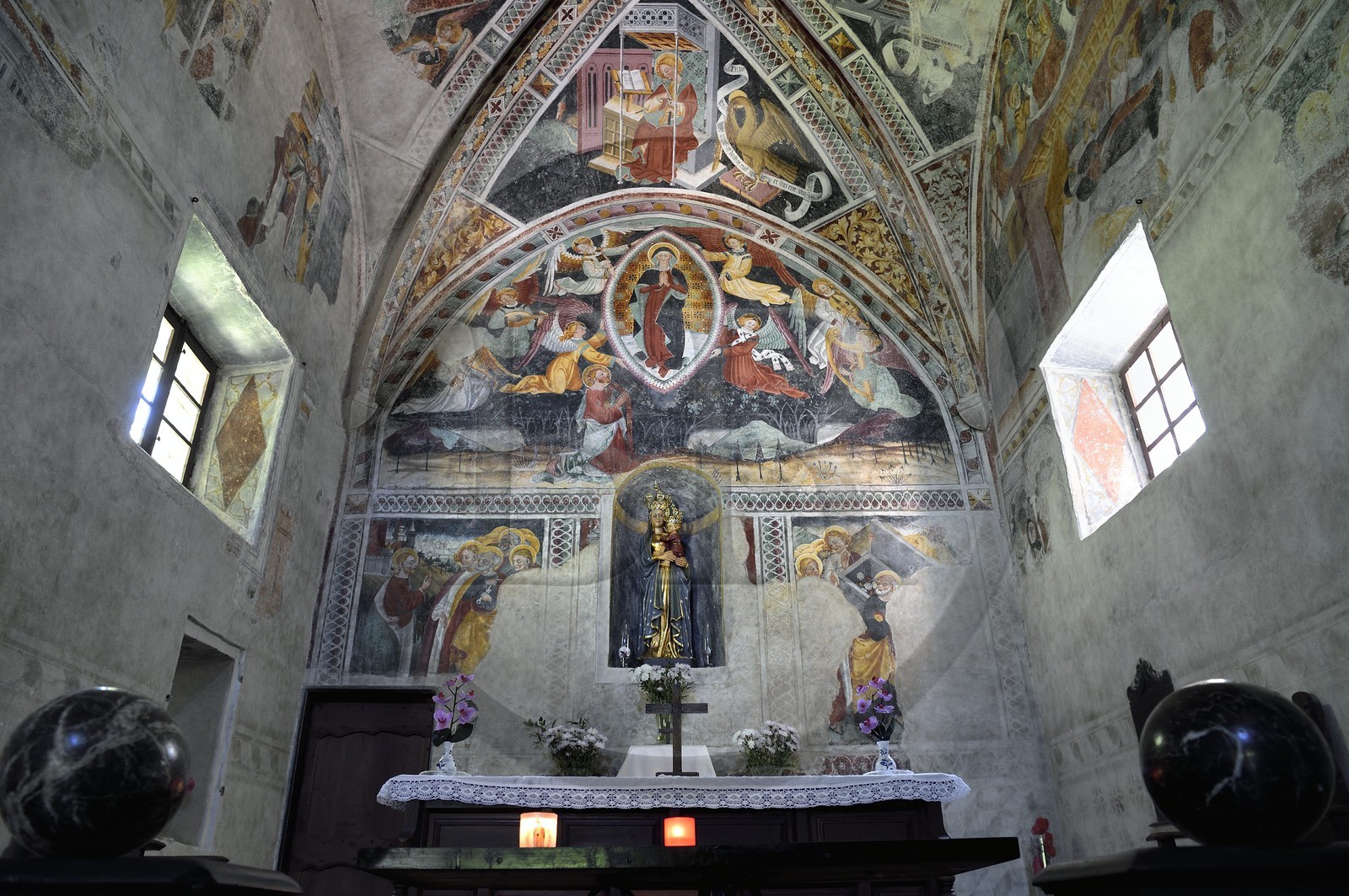 France, Alpes-Maritimes, Roya Valley, La Brigue, Notre Dame des Fontaines Chapel, 15th century frescos from the heard attributed to Giovanni Baleison