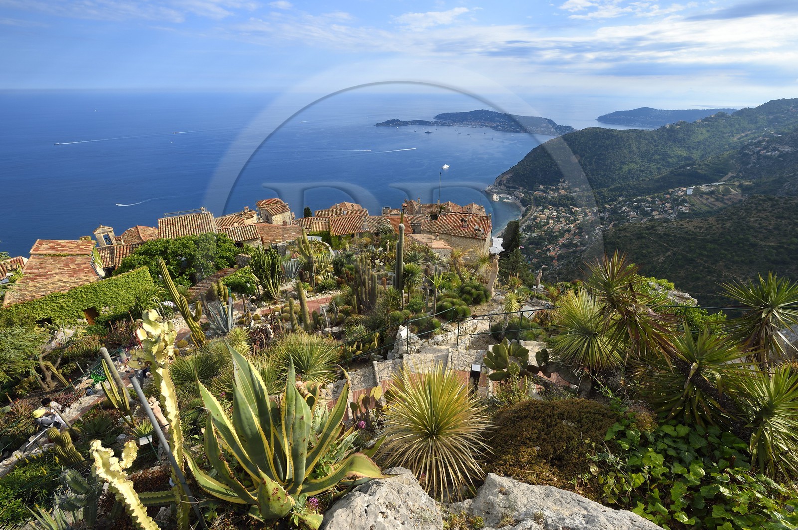 France, Alpes-Maritimes, the hilltop village of Eze and its Exotic Garden, Saint-Jean-Cap-Ferrat in the background