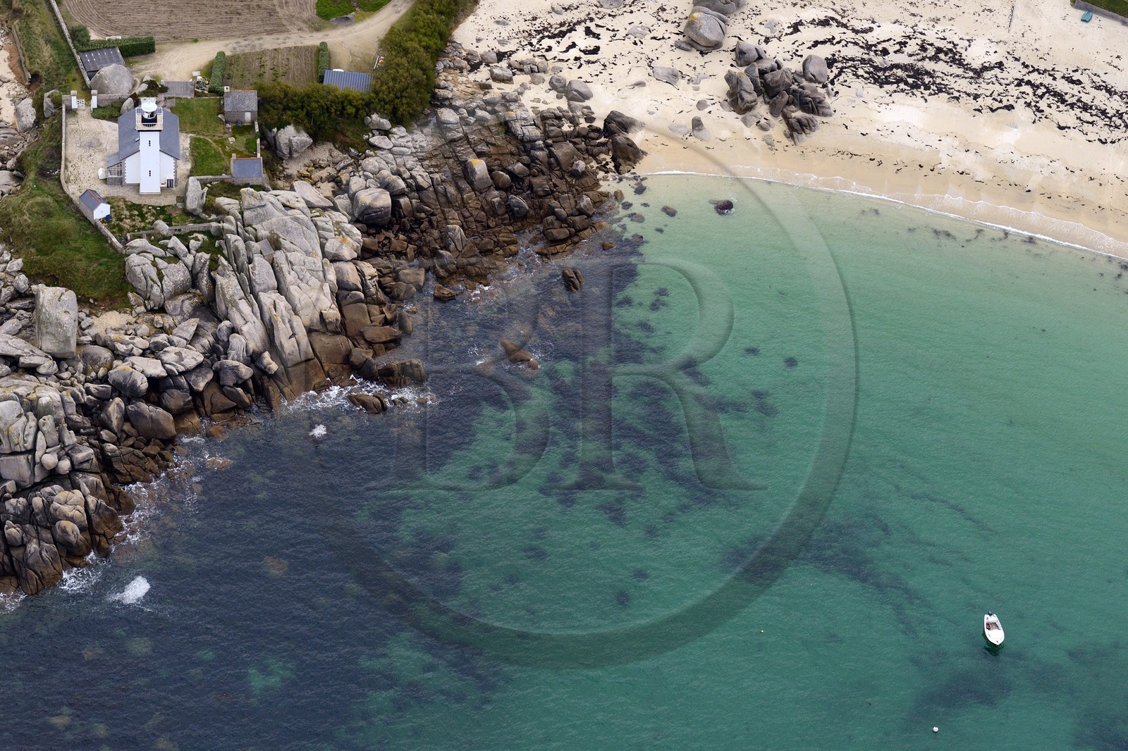 France, Finistere, the Coast of Legends in the heart of the Pays Pagan, Brignogan Plages, Pointe de Beg Pol, Pontusval Lighthouse (aerial view)