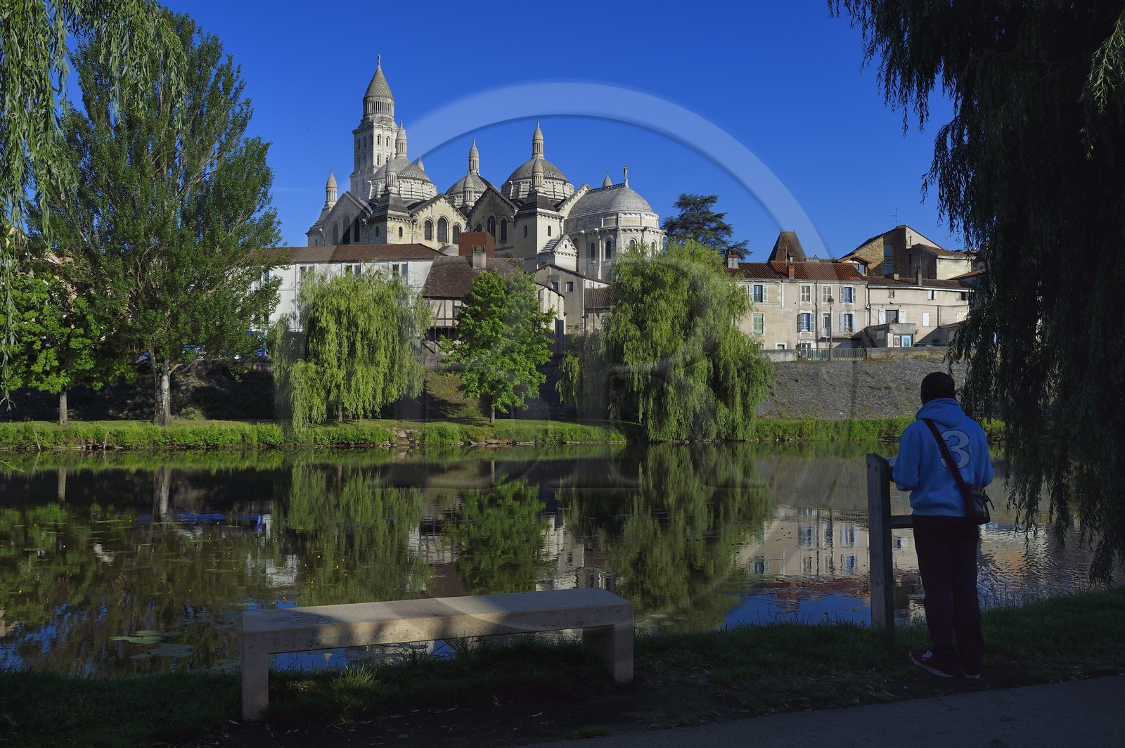 France, Dordogne, White Perigord, Perigueux, Saint Front Cathedral, stop on Route of Santiago de Compostela listed as World Heritage by UNESCO, and the Greenway cycle route (Veloroute Voie verte) along the river Isle