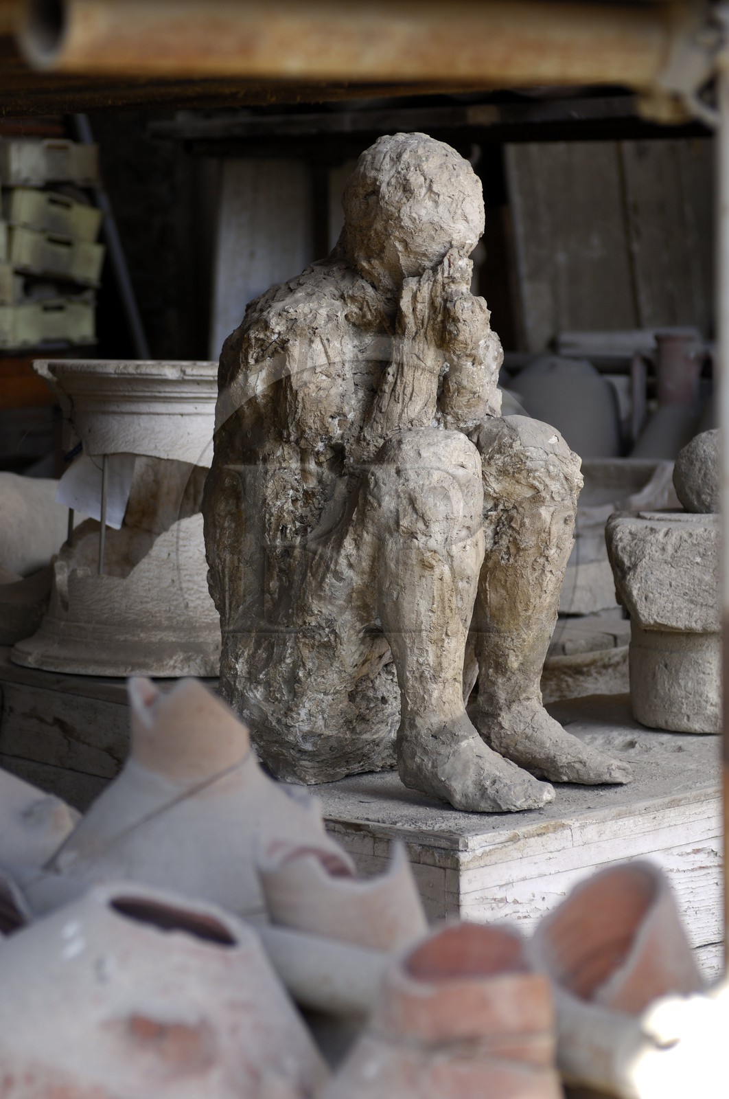 Italy, Campania, Pompei, archeological site listed as World Heritage by UNESCO, , human replica in the Macellum (the food market of Pompei) of victims of the eruption