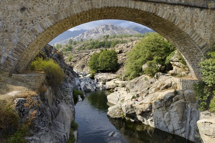France, Haute-Corse (2B), région du Niolu (Niolo), baignades dans la rivière Golo aux alentours du pont génois Ponte Altu, le nouveau pont de la D84