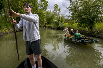 France, Vendée (85), Parc Interrégional du Marais Poitevin labellisé Grand Site de France, Maillezais, le batelier Mathis Babin armé de sa pigouille (perche en bois) pousse sa barque dans les conches sur les affluents de l'Autise