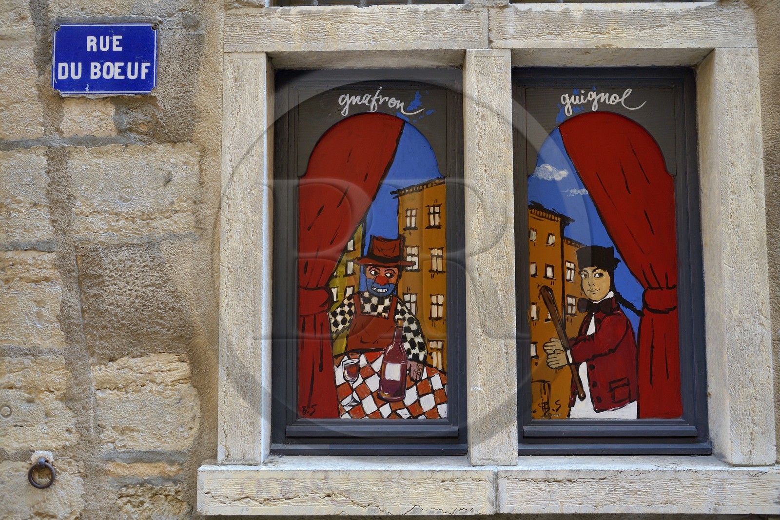 France, Rhone, Lyon, historical site listed as World Heritage by UNESCO, Vieux Lyon (Old Town), drawings of Guignol and Gnafron in rue du Boeuf