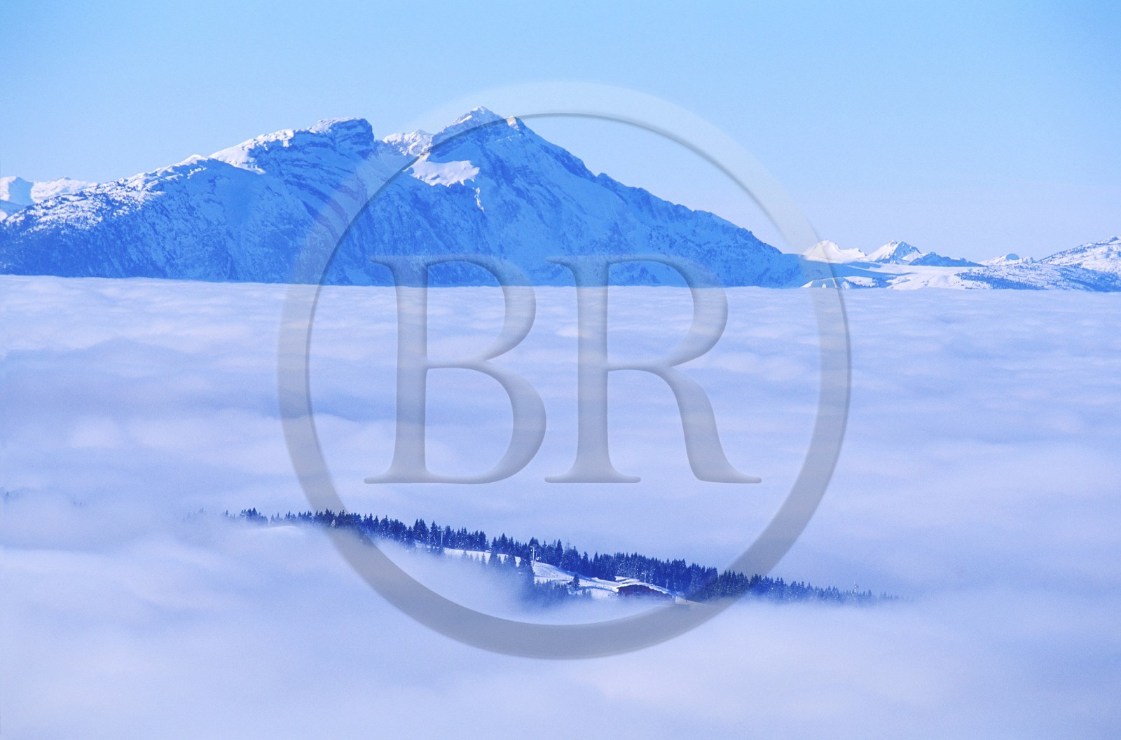 France, Haute Savoie, les Portes du soleil (doors of the sun) area wintertime, Morzine ski resort, Pleney emerging from the mist