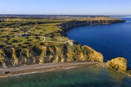 France, Calvados, Cricqueville en Bessin, Pointe du Hoc, ruins of German fortifications and bomb holes made by the Normandy landings of June 6 1944 during the Second World War (aerial view)