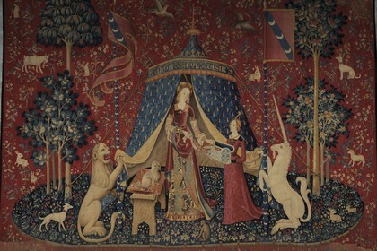 France, Paris, Musee du Moyen-Age (Middle Ages Museum), the former Hotel de Cluny, the Lady Lady and the Unicorn (French: La Dame à la licorne) is the modern title given to a series of six tapestries woven in Flanders in the end of 15th century