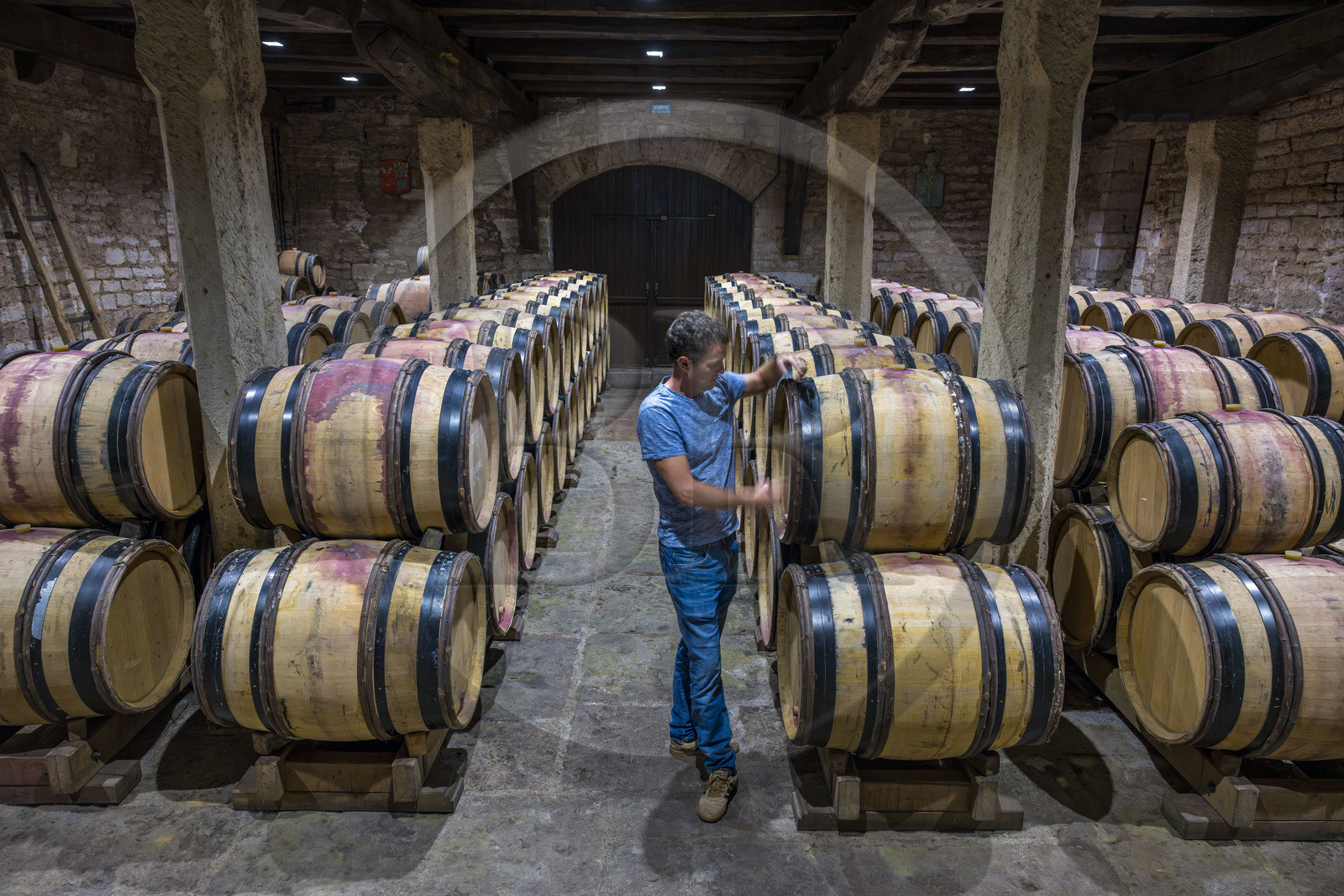 France, Côte-d'Or (21), Paysage culturel des climats de Bourgogne classés Patrimoine Mondial de l'UNESCO, Route des Grands Crus, vignoble de la Côte de Nuits, Gevrey-Chambertin, Domaine Dugat, Bertrand Dugat dans l'ancien Cellier des Dimes des évêques de Langres où il entrepose ses tonneaux vides ou juste après les vendanges