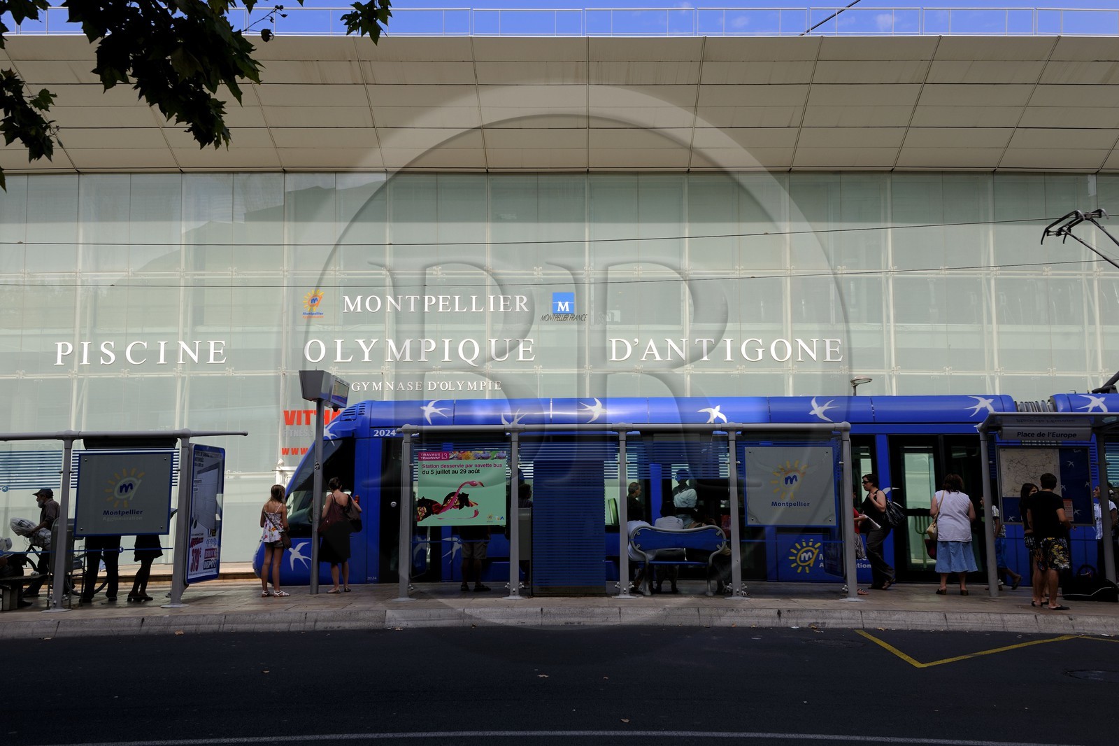 France, Hérault (34), Montpellier, quartier Antigone de l'architecte Ricardo Bofill, piscine olympique et tramway
