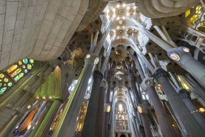 Espagne, Catalogne, Barcelone, quartier de l'Eixample, basilique de la Sagrada Familia de l'architecte du modernisme catalan Antoni Gaudi classée Patrimoine Mondial de l'UNESCO, le transept et l'intérieur de la facade de la Passion en arrière plan