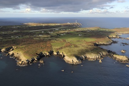 France, Finistere, the regional natural park of Armorica, Iroise sea, Ouessant island, Biosphere reserve (UNESCO), the South coast and the Stiff radar tower which monitors maritime traffic from rail off Ushant (aerial view)