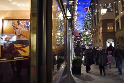 France, Bas Rhin, Strasbourg, old town listed as World Heritage by UNESCO, the Outre street and the big christmas tree on Place Kleber in the background