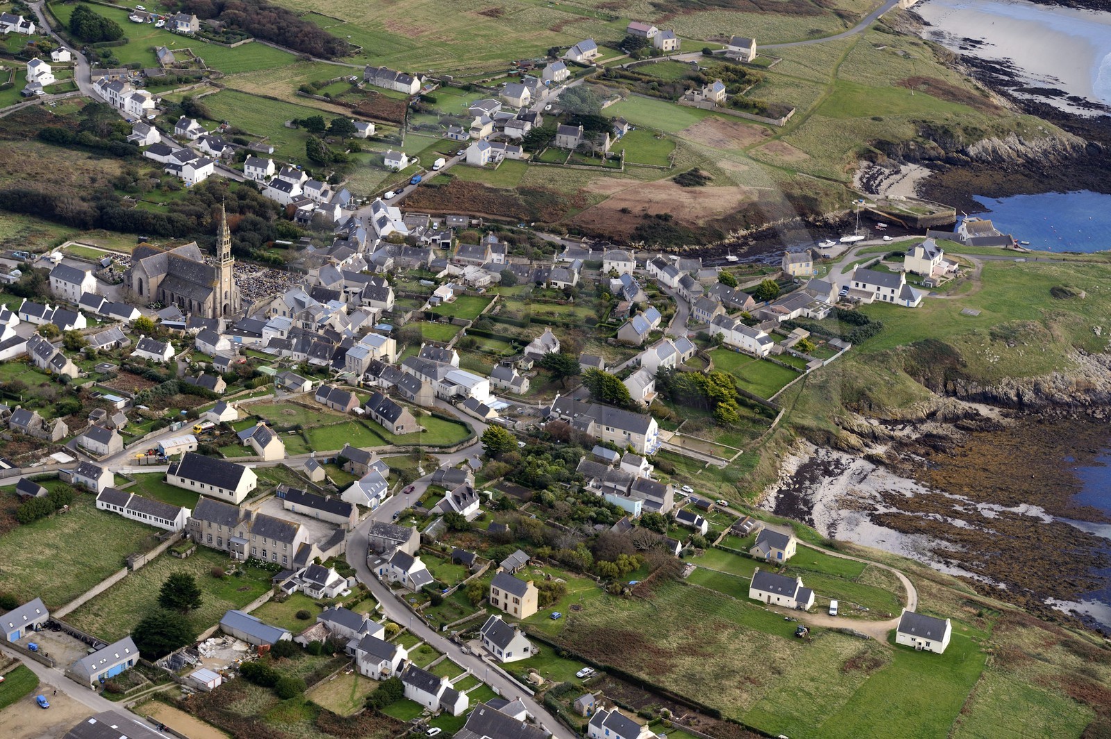 France, Finistere, the regional natural park of Armorica, Iroise sea, Ouessant island, Biosphere reserve (UNESCO), the village of Lampaul (aerial view)