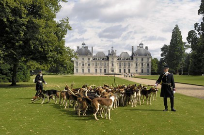 France, Loir et Cher, Chateau de Cheverny, the hunstmen Vol au Vent and La Rosée, who manage the pack of 90 dogs for hunting