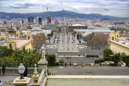 Spain, Catalonia, Barcelona, Montjuic hill, the 4 old settlements by the architect Puig i Cadafalch in front of the Spanish Square (Plaça de Espanya) and Avenida de la Reina Maria Cristina