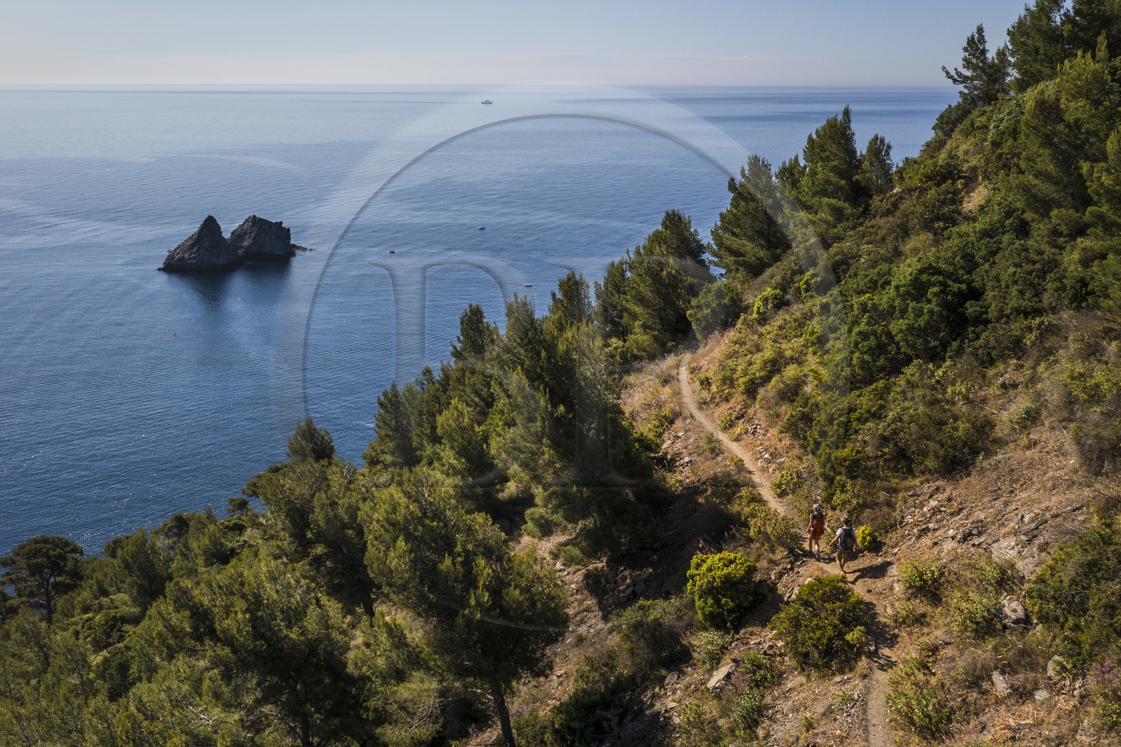France, Var, La Seyne sur Mer, hike in the Cap Sicie massif along the Chemin du Joncquet below the Corniche Merveilleuse, the Two Brothers Rock (aerial view)