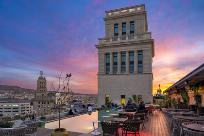 Spain, Catalonia, Barcelona, Eixample district, rooftop of the Hotel Iberostar Selection Paseo de Gràcia which overlooks the Plaça de Catalunya (Placa de Catalunya)