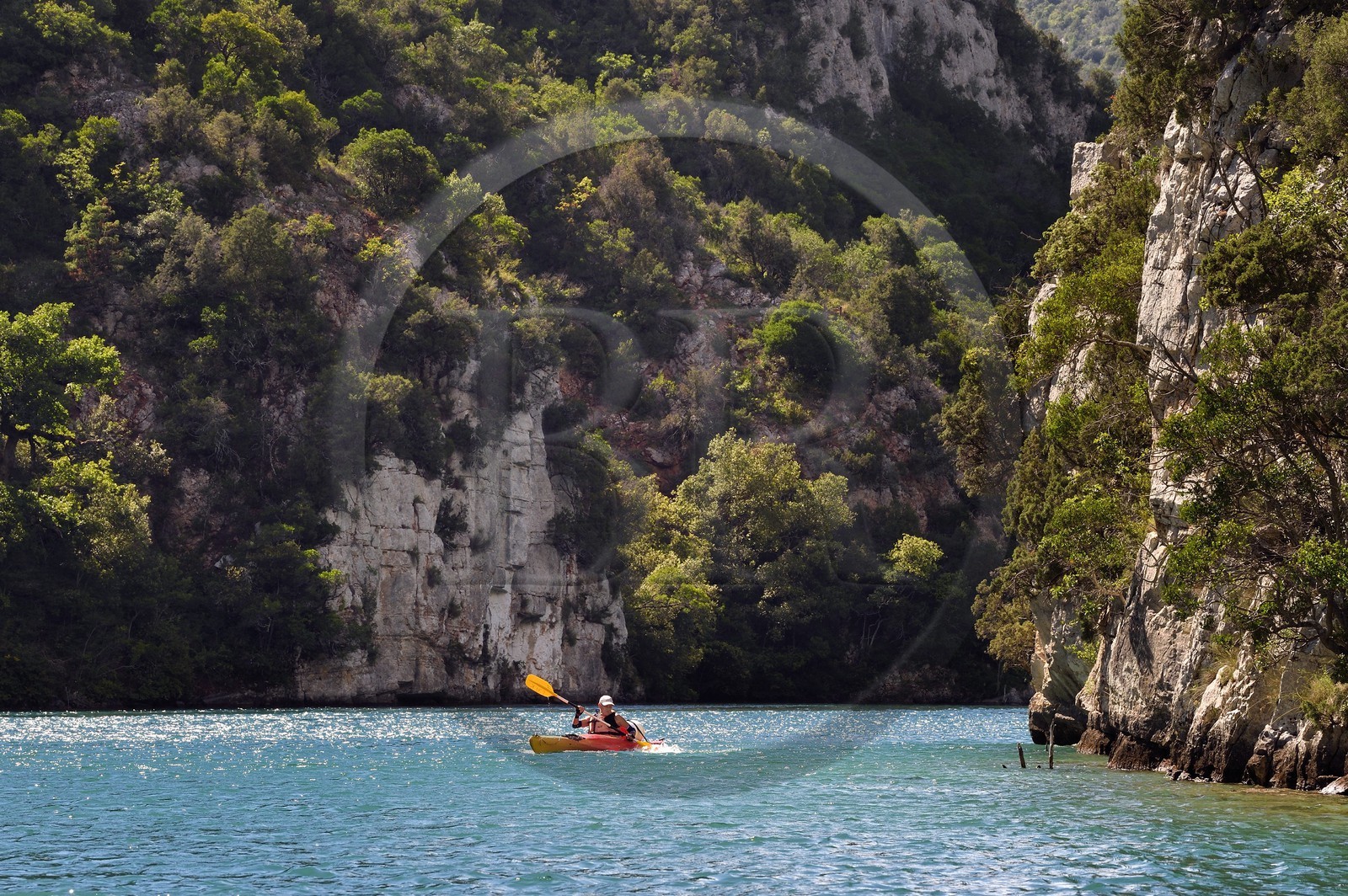 France, Alpes de Haute Provence, Parc Naturel Régional du Verdon, kayak in the Basses Gorges du Verdon downstream of Lake St. Croix