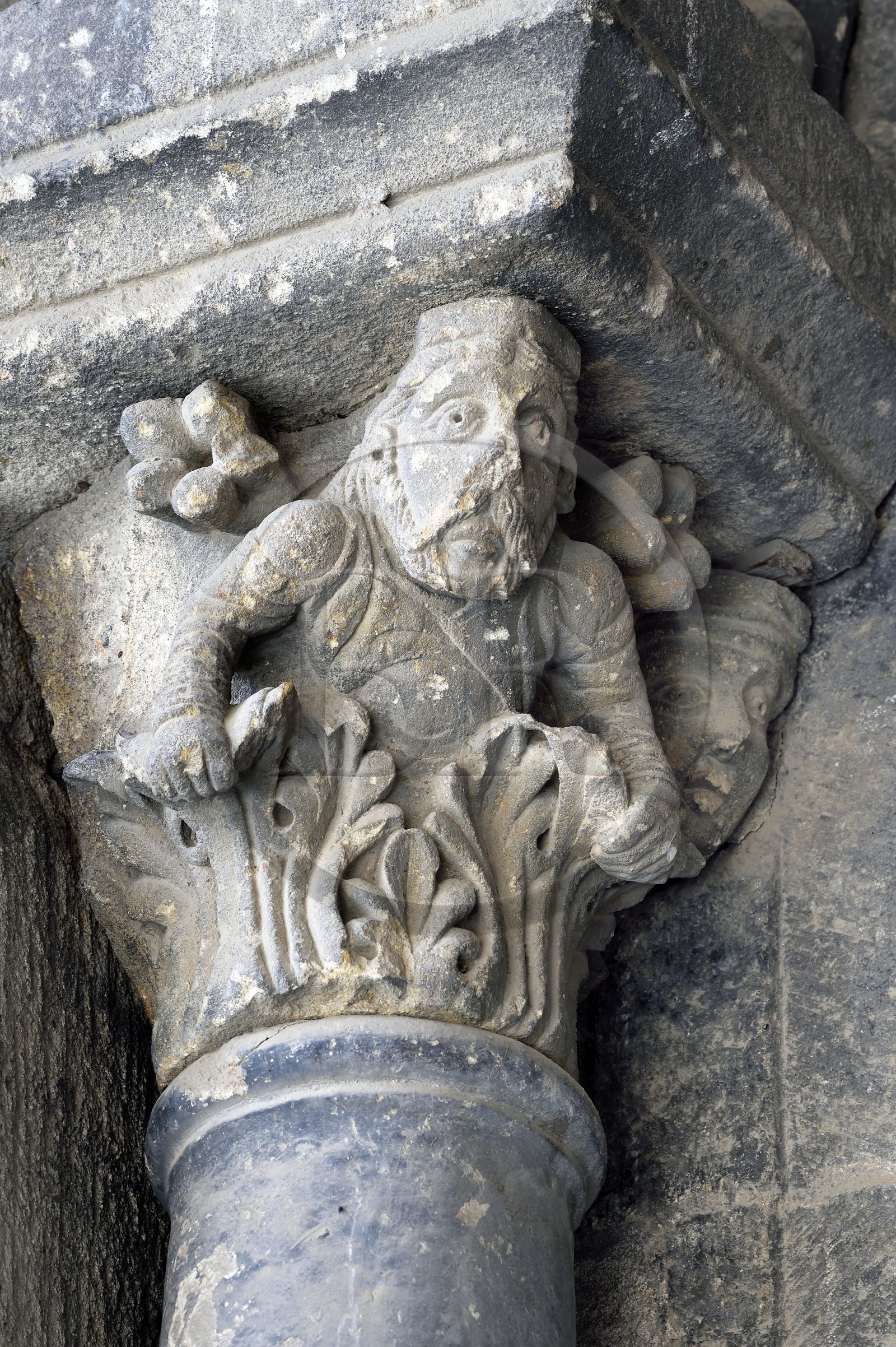 France, Haute Loire, Le Puy en Velay, the 12th century Our Lady (Notre-Dame-de-l'Annunciation) cathedral listed as World heritage by UNESCO, For porch, capital representing an alchemist