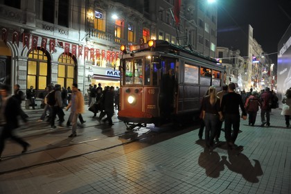 Turkey, Istanbul, Beyoglu district, the old tram on the Istiklal Caddesi street