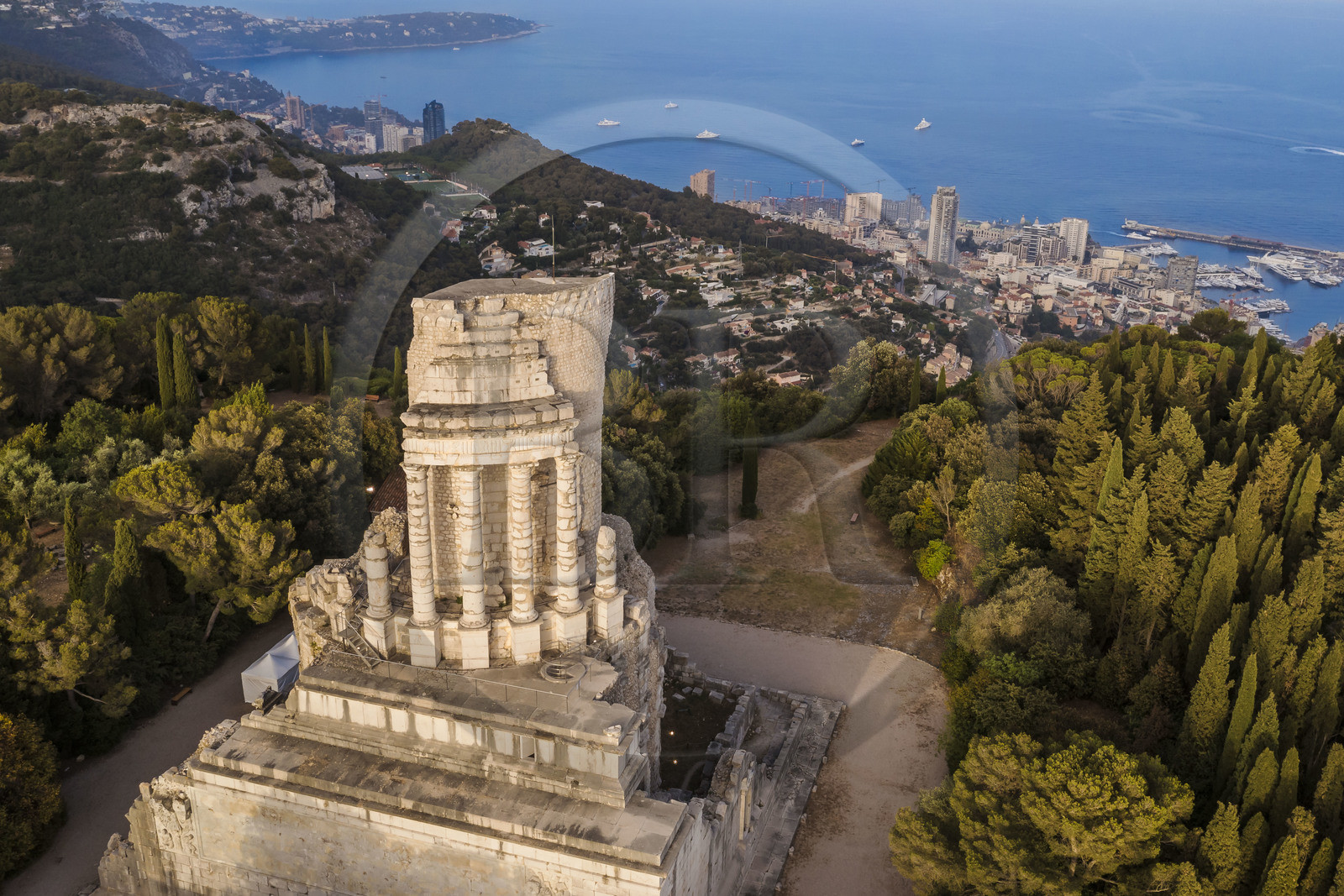 France, Alpes-Maritimes, La Turbie, Trophée d'Auguste or Trophée des Alpes, Roman monument built in the year 6 BC., the Principality of Monaco in the background (aerial view)