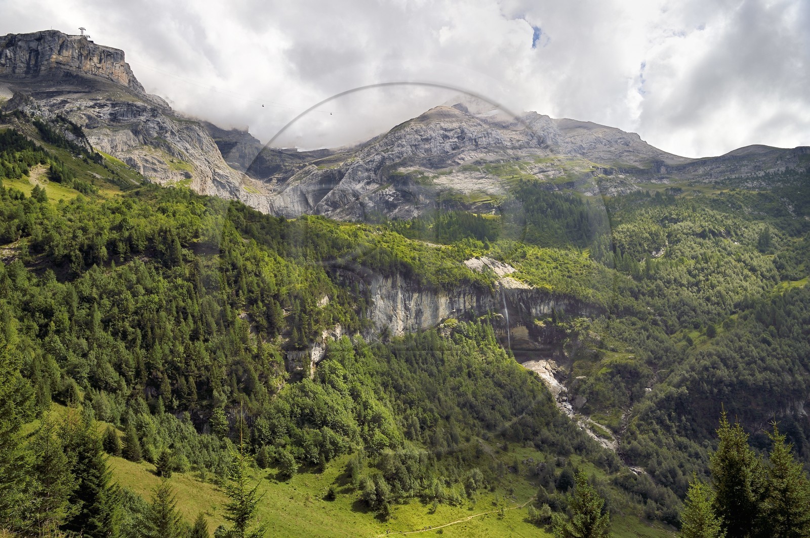 Suisse, Canton de Vaud, Ormont-Dessus, Les Diablerets, téléphérique de Glacier 3000 au Col du Pillon au dessus de la  Cascade du Dar