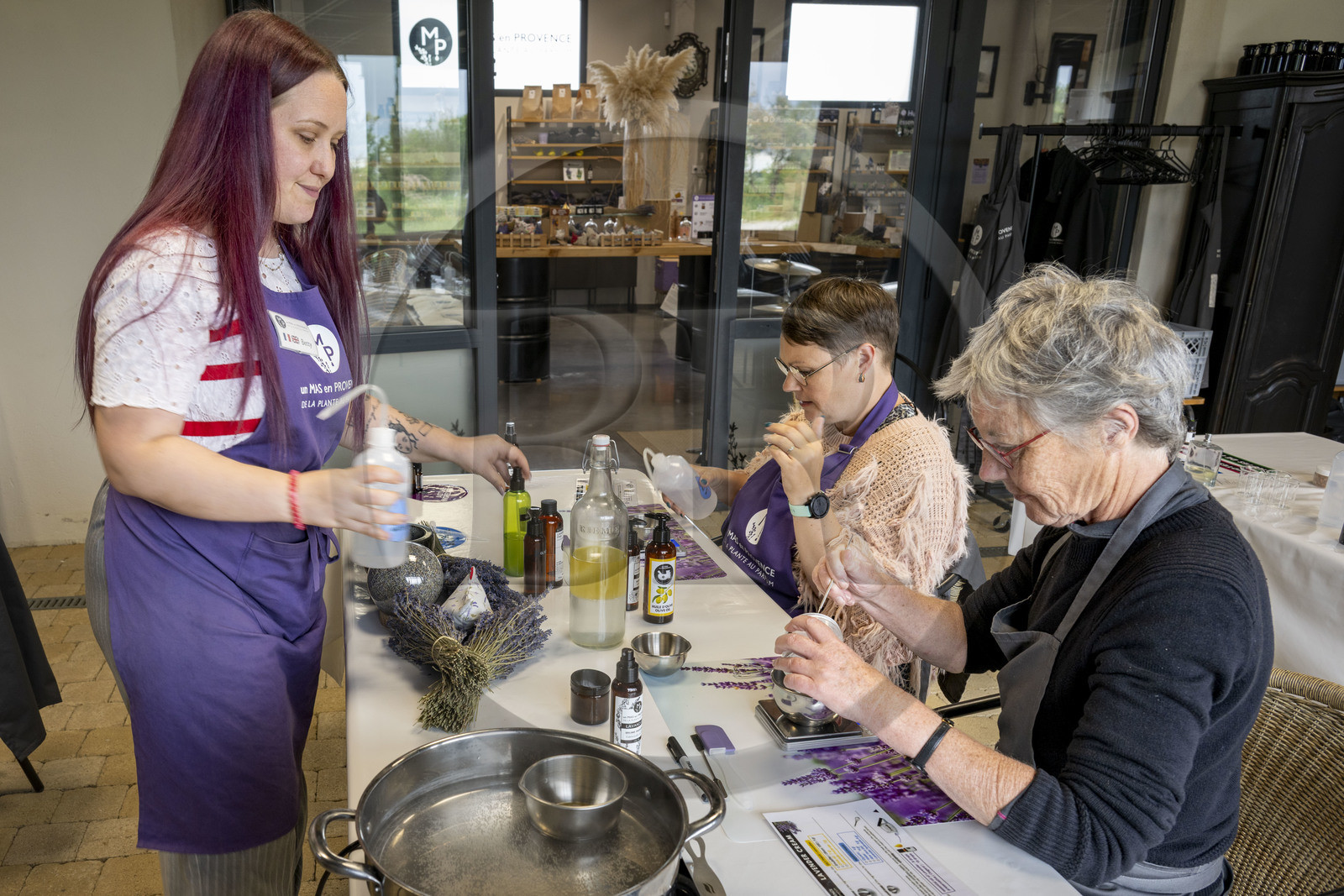 France (30), Gard, Bellegarde, ferme de plantes aromatiques Un Mas en Provence, fabrication de cosmétiques aux huiles essentielles bio de lavande