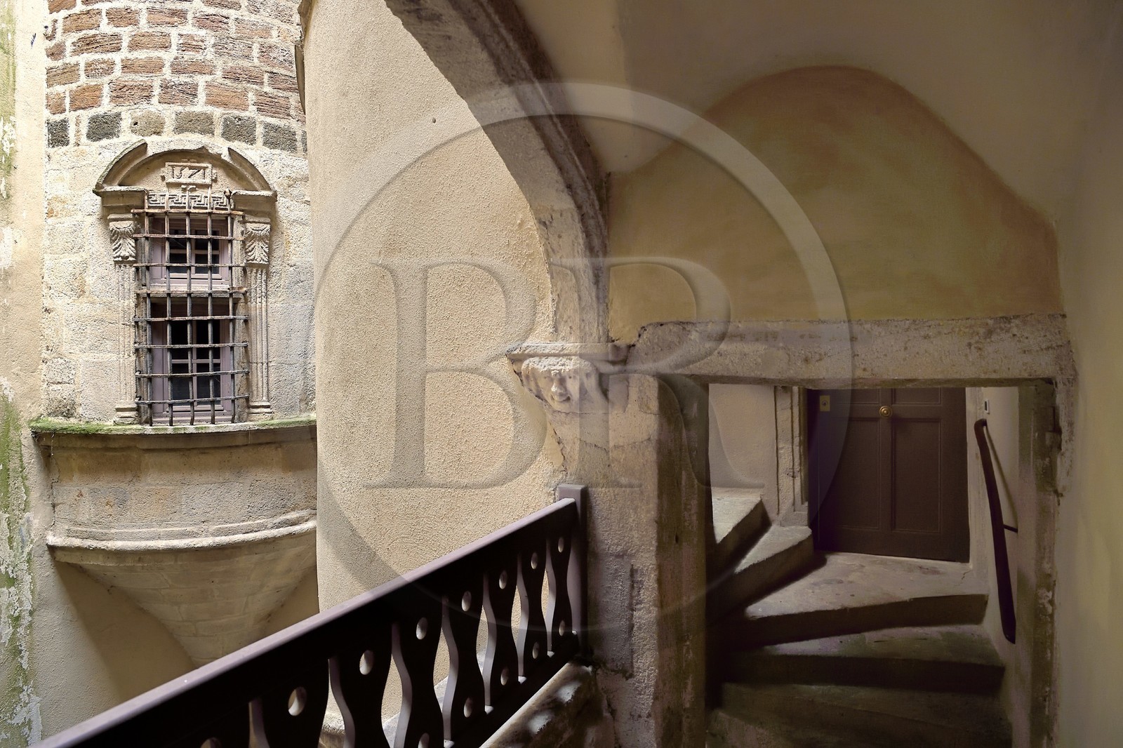 France, Haute Loire, Le Puy en Velay, Routes of Santiago de Compostela in France listed as World heritage by UNESCO, rue Courrerie in the lower town, Mansion of the Arcis de Chazourne (16th century) interior courtyard and staircase