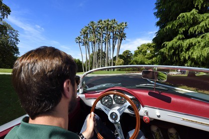 France, Alpes-Maritimes, Cannes, Super-Cannes, collection convertible Porsche Speedster 356 in the gardens of the residence Saint-Michel Valetta where Francois Truffaut shot several scenes from La Mariée était en Noir (The Bride Wore Black) movie with Jeanne Moreau
