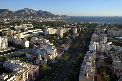 France, Bouches du Rhone, Marseille, the Avenue du Prado which leads to the Prado beach, the Saint Sahak Armenian Apostolic Cathedral and St. Mesrob Serpotz Tarkmantchaz ( Saints translators ) in the foreground on the left