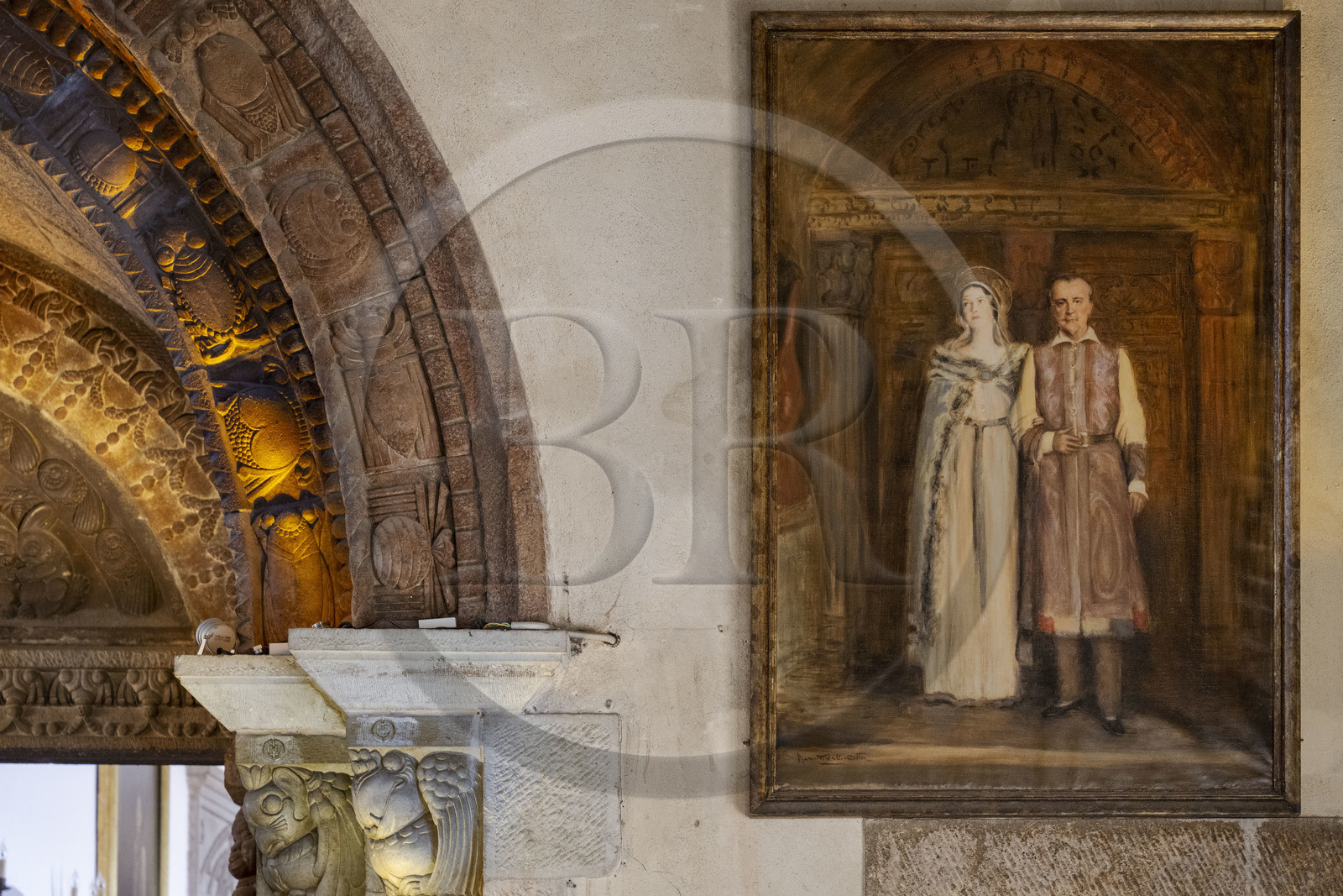 France, Alpes-Maritimes (06), Mandelieu-la-Napoule, chateau de La Napoule (XII-XIXe siècle) reconstruit en grande partie au début du XXème siècle par le couple américain Henry et Marie Clews, peinture les représentant en costumes médiévaux