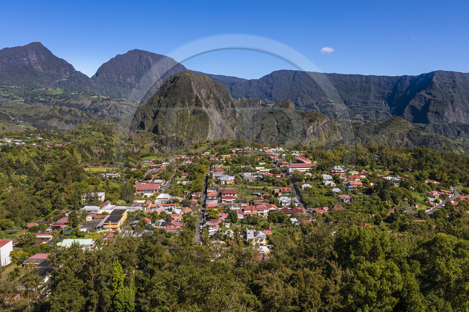 France, Reunion island (French overseas department), Cirque de Salazie, listed as World Heritage by UNESCO, Hell-Bourg, labeled labelled Les Plus Beaux Villages de France (The Most Beautiful Villages of France), Piton d'Anchaing mountain in the background (aerial view)