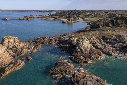 France, Cotes-d'Armor, Cote d'Ajoncs, Plougrescant, La Pointe du Chateau and the beach of Porz Hir or Pors-hir in the background (aerial view)