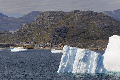 Greenland, Nanortalik Fjord in the Southern area, icebergs in front of the village