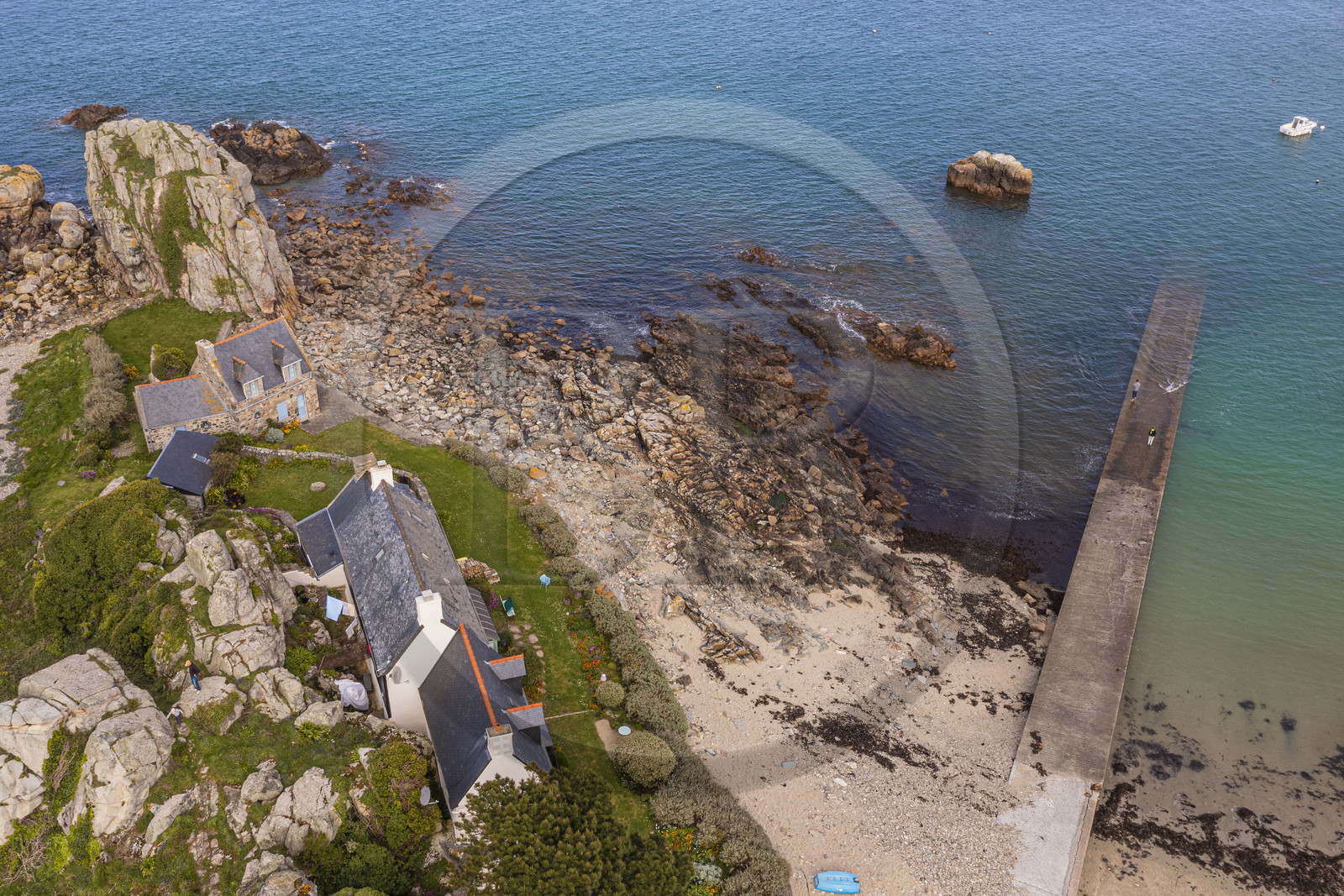 France, Cotes-d'Armor, Cote d'Ajoncs, Plougrescant, the beach of Porz Hir or Pors-hir (aerial view)