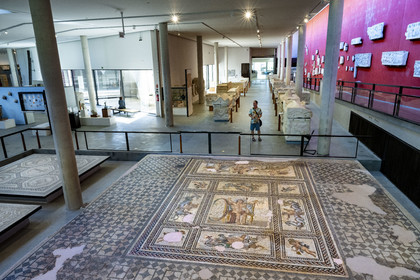 France, Bouches-du-Rhône (13), Arles, musée départemental Arles antique, détail de la mosaïque du Dieu du temps Aion (au centre) qui est le pavement de la salle à manger d'apparat d'une riche maison de ville romaine du site de l'ancienne verrerie de Trinquetaille sur la rive droite du Rhone