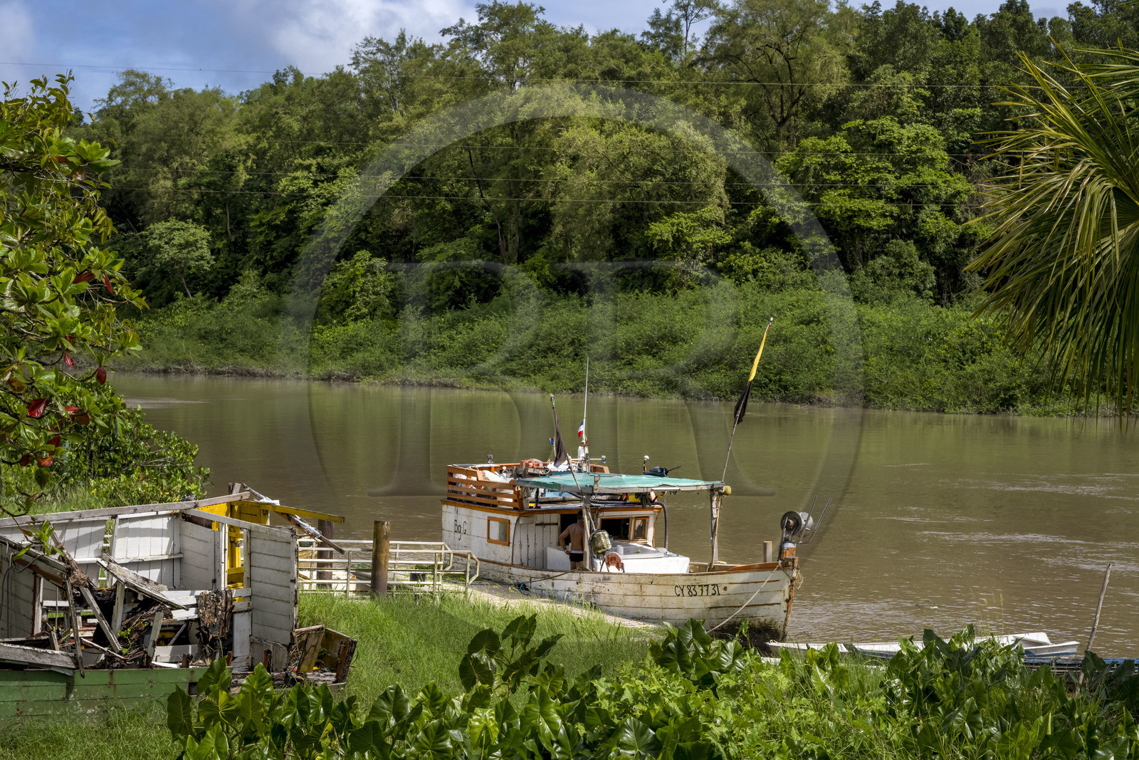 France, French Guiana, Iracoubo, boat transporting goods on the Iracoubo River
