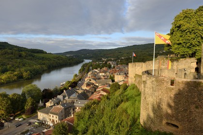 France, Moselle, Moselle Valley, Sierck les Bains on the Moselle River dominated by its Castle of the Dukes of Lorraine of the 12th century