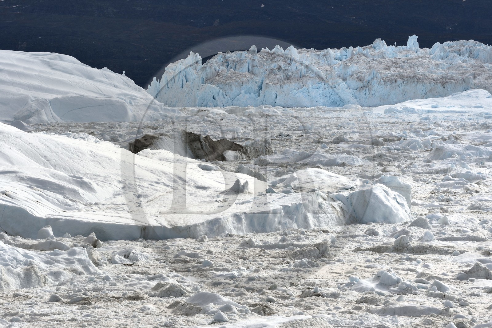 Groenland, cote ouest, baie de Disko, Ilulissat, fjord glacé classé Patrimoine Mondial de l'UNESCO qui est l’embouchure maritime du glacier Sermeq Kujalleq (Jakobshavn Glacier)