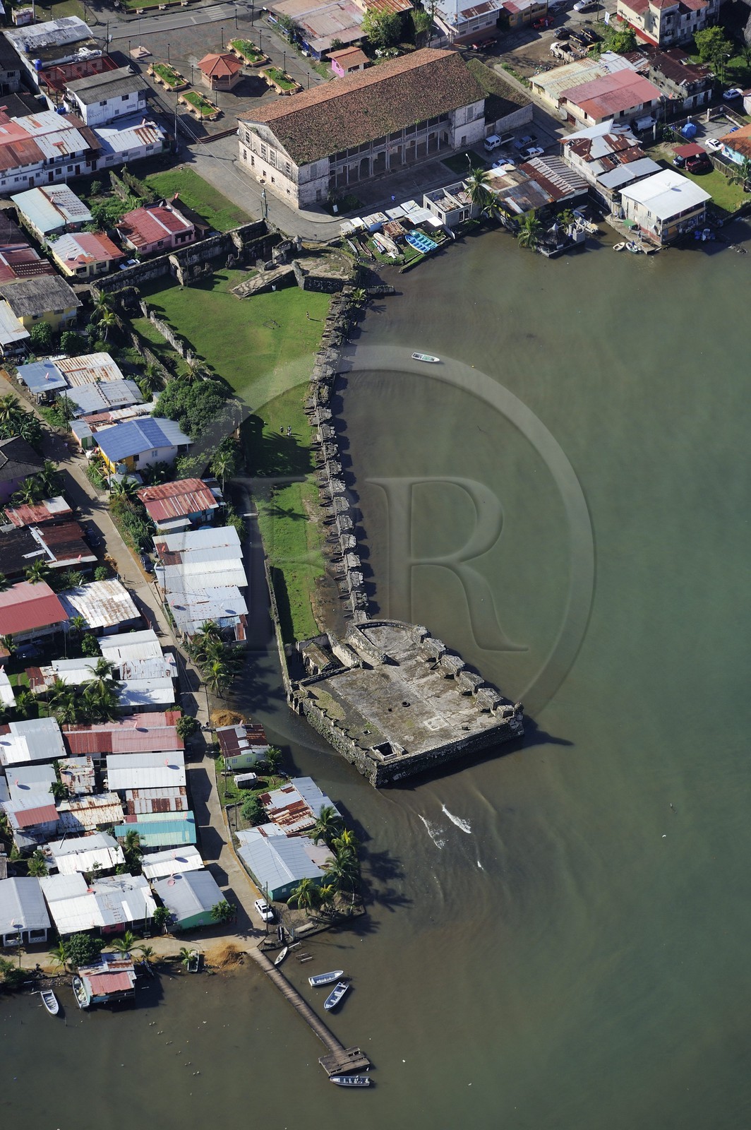 Panama, Colon Province, Portobelo, listed as World Heritage by UNESCO, San Jeronimo fort dating from the Spanish era and Casa de la Aduana Real also called Contaduria (aerial view)